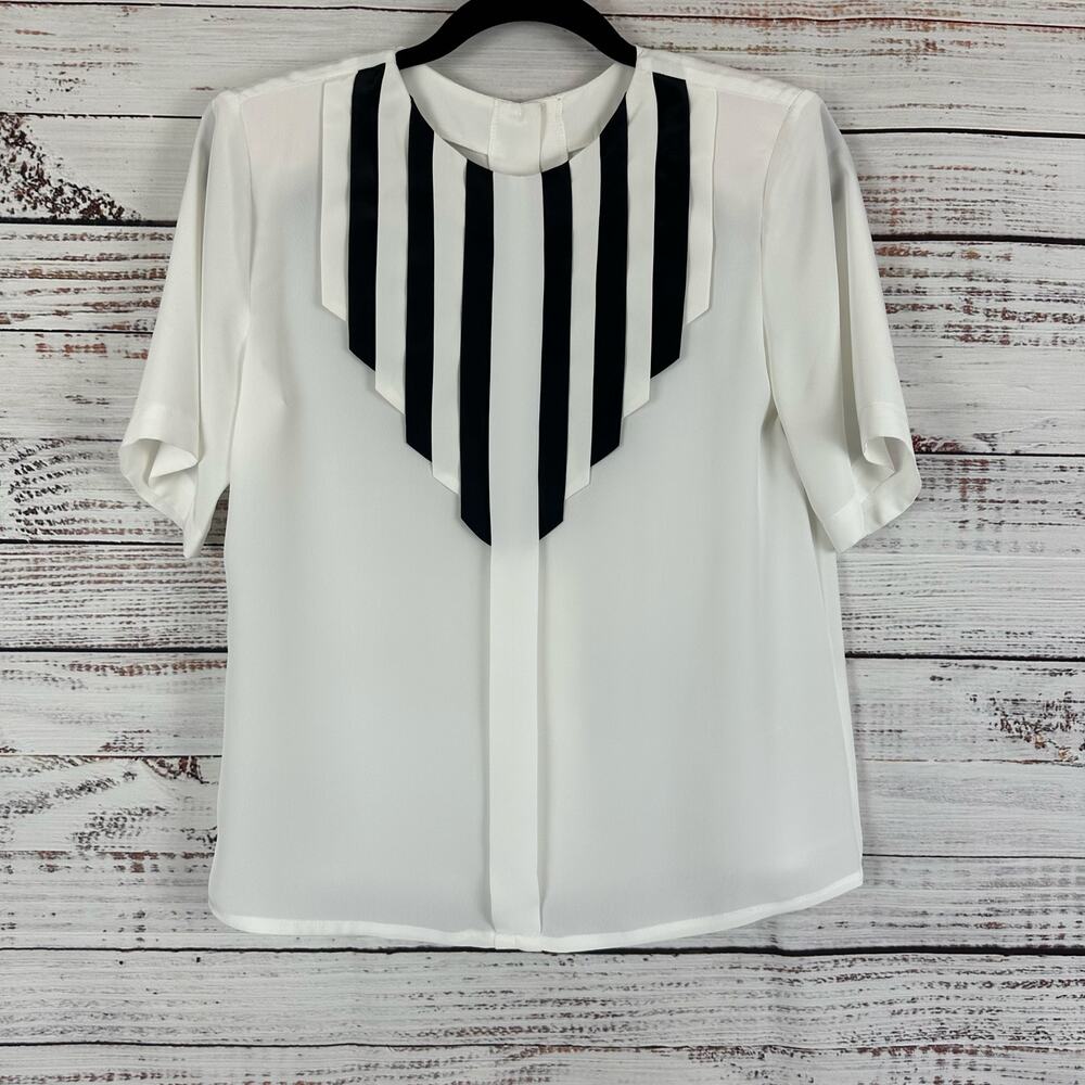 VTG 80s Nicola Petites White Black Stripe Office Blouse Back Button Womens 4P